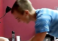 Blond homo touches himself while riding massive cock