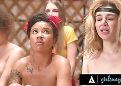 Camp counselors Codi Vore, Ameena Green, and Charlie Forde discipline Leana Lovings and Demi Hawks with some wild sapphic tribbing