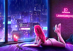 Pink-haired woman whispers intimate ASMR roleplay on a rainy night