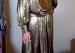 UK super-bitch Nottstvslut in gold metallic sundress