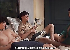 What are they doing? Stepson and his friend masturbate and their stepmother decides to teach them