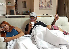 Threeway with my boyfriend and his stepmom after I find her sucking his shaft on the sly.