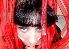 Saffron Bacchus delivers a hot handjob and takes cum in her mouth during sci-fi cosplay