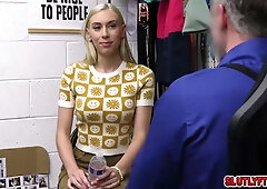 Kay Lovely gets roughed up by security officer Mike Mancini in the backroom after stealing water