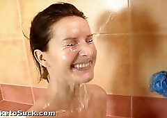 Vanessa Jordin was on her knees while sucking dick and then she got a golden shower