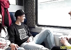 Concupiscent, Euro brunette hair is sucking a stranger's wang in the educate and awaiting to get banged, also