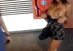 Ladyboy jacks off in public restroom and plays with cum