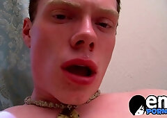 Charming gay dude wanks his unshaved prick until he unloads his jizz