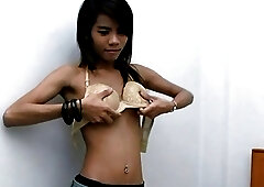 Cute little ladyboy with small tits jacks off her rod