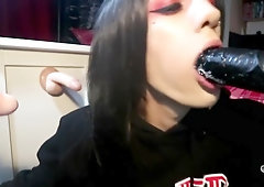 Possessed Goth Tranny Trap Sucks 3 Cocks Sloppy Bukakke Deepthroat Footjob