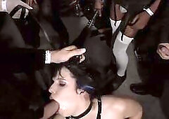 Busty public bdsm sub gangbanged and whipped in group