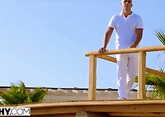 Blonde Gina Gerson rides and takes deep anal with Cristian Devil on sunny patio
