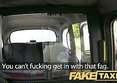 Stacey Lacey, tattooed brunette with huge natural tits, takes on a client in a fake taxi