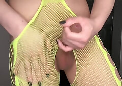 Luxurious sissy femboy in fishnets dick & soles adore