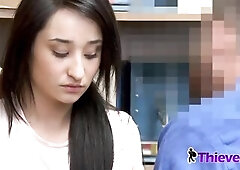 Brunette Hair Isabella is discovered guilty of shoplifting and subdued by officer into taking his hard shlong in doggy style against the desk