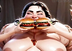 Overweight unattractive woman fastened in servitude, absolutely abased by 2 breathtaking cuties. They cover her heavy body with food, smearing it on h