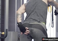Japanese athlete Yoshi Kawasaki's intense dildo workout session at the gym