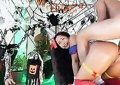 Halloween party gets without control. The queen of anal squirt is fucaked by a masked dude