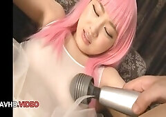 Teenager Maki Horiguchi cosplays while having fun with toys in steamy scenes