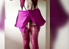 Transvestite in burgundy nylons, costume and hawt underware close up jizz flow