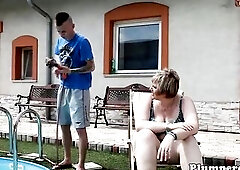 Corpulent older orally satisfied by her poolboy outdoors
