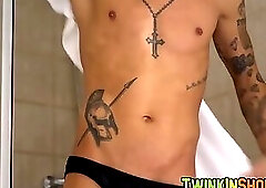 Hot twink with tattoos gets his dick wet after a hot bath