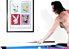 Tattooed pierced shemale wanks on pooltable