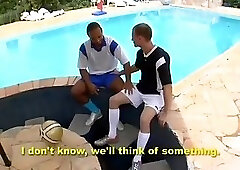 Interracial gays fuck near the swimming pool