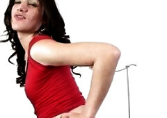 Unleashed brunette hair transsexual booty drilled legs wide open by a large weenie cumming in her throat