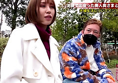 Japanese wife rides her husband in their living room and takes him deep with her hands and mouth
