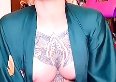 Busty curly brunette with big boobs fucks on couch