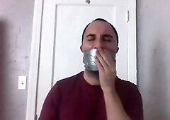 Spit drooling gag, duct tape gagged, gay self bondage
