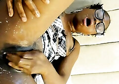 Excited black teen Stuffs her twat with GIANT Dildos.