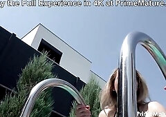 PrimeMature.com movie! Larissa Leste relaxes outdoors in the pool in a ebony shiny bikini. The older golden-haired knows exactly what that babe desire
