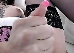 Tattooed chick with dick Brittany St Jordan jerks off solo