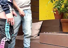 two guys attempt to urinate in a glass (one gets firm )