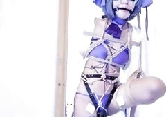 Azur Lane swimsuit Cheshire Cat servitude and discipline, single-leg suspension, gag, and simultaneous stimulation with an electric shock pad and sext