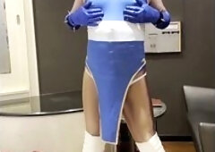 Chun Li In Female Mask Crossdressers Dance? No! Nipple Masturbation! Wearing O-back White Panties!