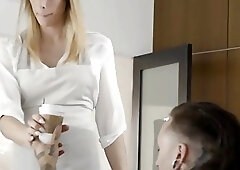 Shemale receives messy facial after being sucked off and banged