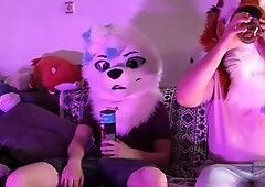 Gay fursuiter Matthewfoxbelgium stuffs his massive uncut dick into a Pringles tube for a huge cumshot