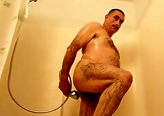 Very hairy daddy shower, gay daddy bear shower, older bear shower