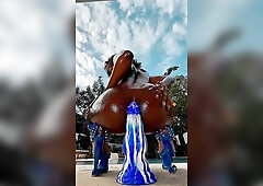 Riding my large blue Sex toy Outside and Squirting all along