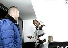 Barefaced housewife Nomi Melone gets her booty destroyed by a large ebony knob right in front of her meek spouse