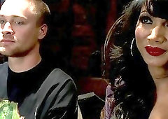 Gorgeous tranny Yasmin Lee fucks and facializes the restrained dude