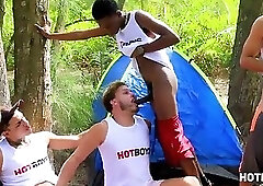 Camping with an orgy in the woods, fucking in the tent and deep penetration in the pussies, double