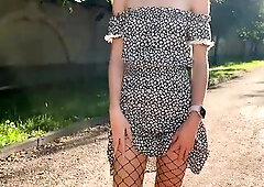 Public Solo Upskirt Flashing Ass Plug in Fishnet Pantyhose Pee