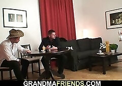 Poker playing redhead granny double penetration