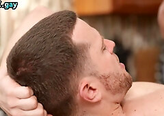 Barebacked Asian stud cums in the kitchen after anal sex