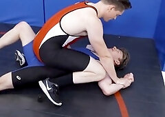 Fit college teammates Jay Tee and Eric Charming finish sweaty wrestling practice with a massive cumshot