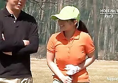 Three Asian babes play a game of strip golf